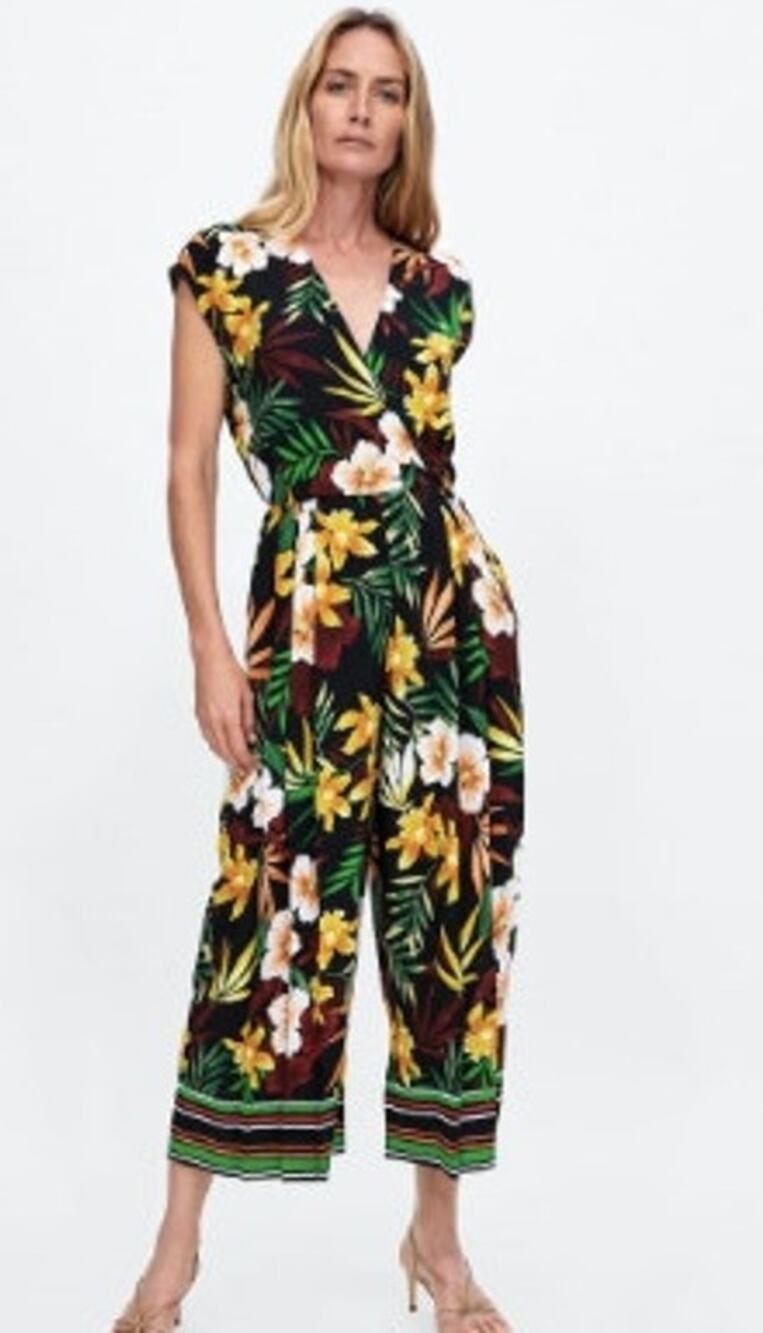Zara Multicolor Floral Tropical Cap Sleeve Surplice Neck Jumpsuit Size S